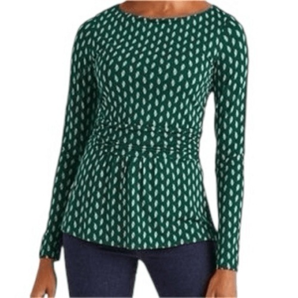BODEN Green Botanical Leaf Print Ruched Waist Peplum L/S Top EUC Size 2P